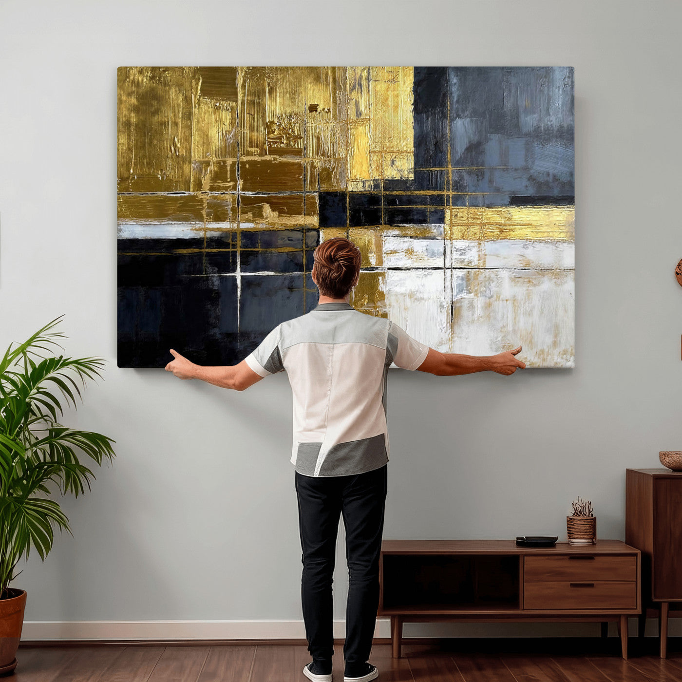 76917030-MGV-CV-36X24 - Gold Navy Abstract Wall Art Canvas Print, Modern Luxury Geometric Painting Wall Decor for Living Room and Office