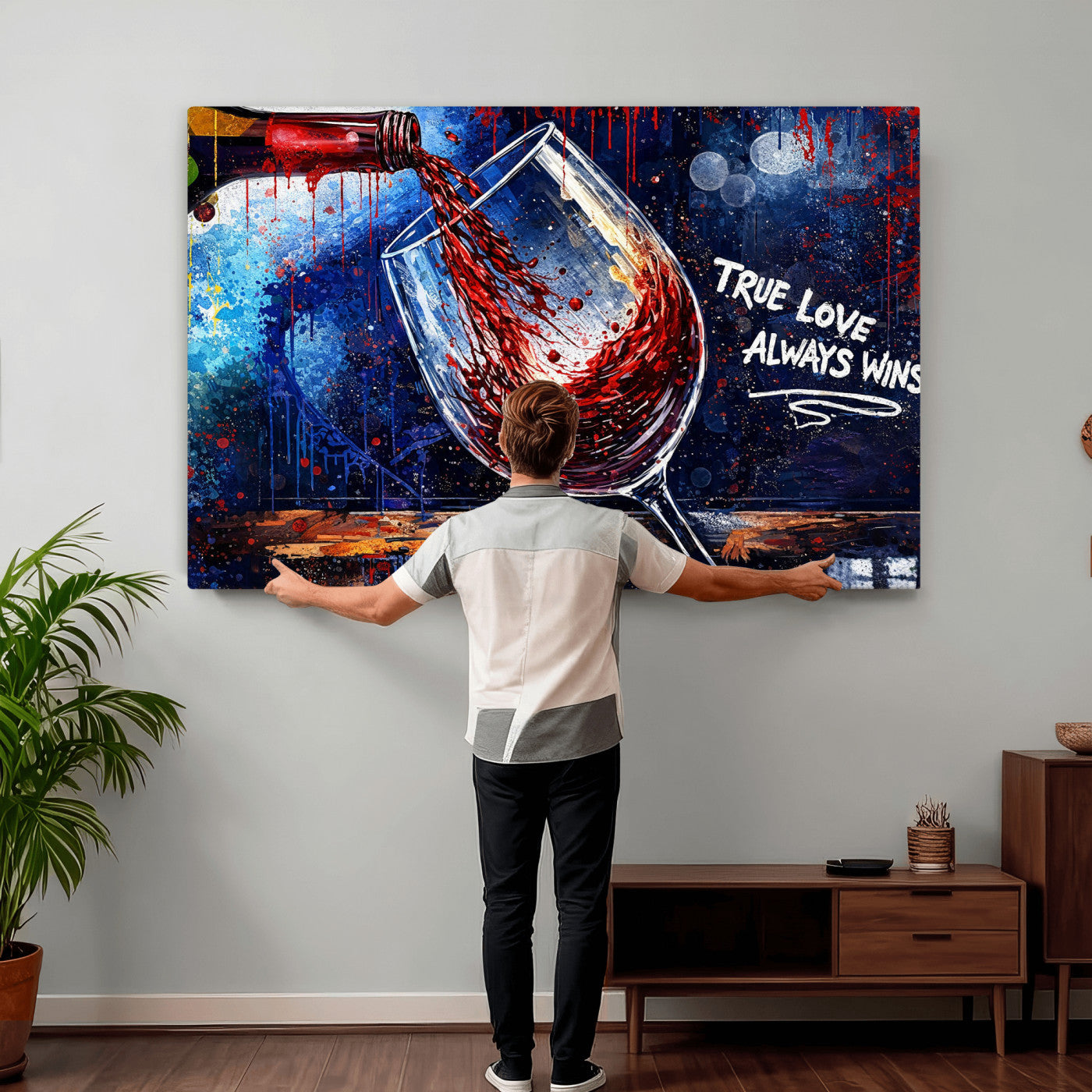 88788932-MGV-CV-36X24 - Red Wine Splash Abstract Wall Art Canvas Print, Modern Wine Glass Painting Canvas Print, Romantic Quote Contemporary Bar Art Print