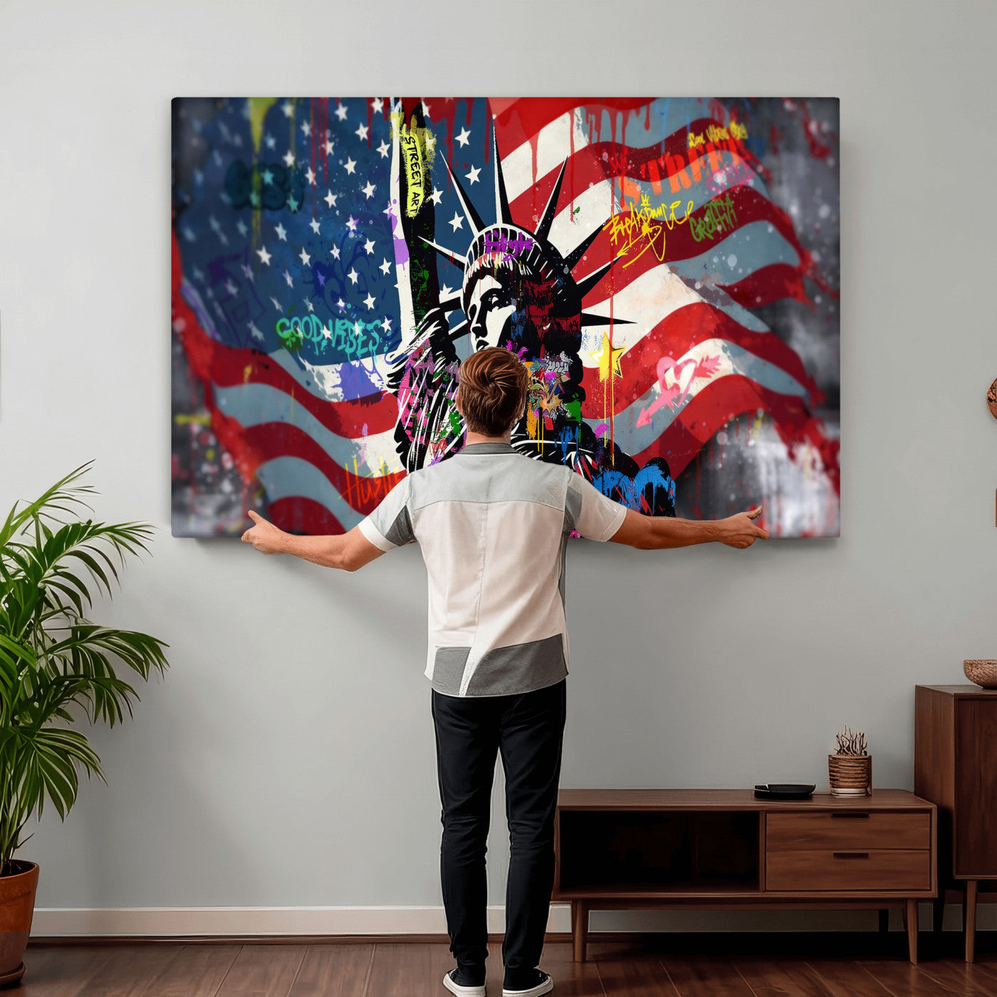 32151941-MGV-CV-36X24 - USA Statue of Liberty Graffiti Street Art Wall Art Canvas Print, American Flag Urban Pop Art Canvas Print, Modern Patriotic Street Art Contemporary Art Printing
