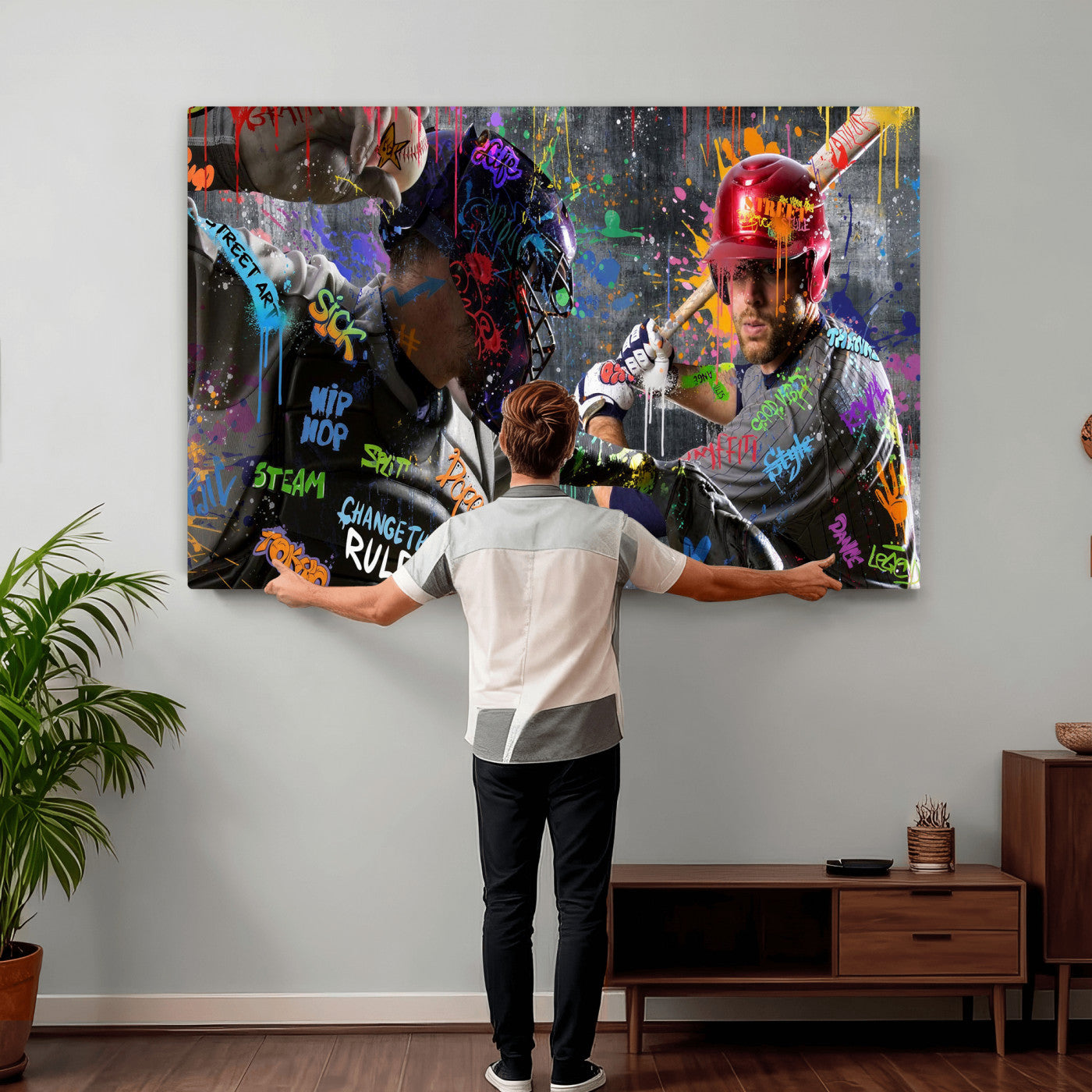 19634994-MGV-CV-36X24 - Graffiti Baseball Player Street Art Wall Art Canvas Print, Urban Sports Pop Art Baseball Canvas Print, Modern Athletic Graffiti Contemporary Art Printing