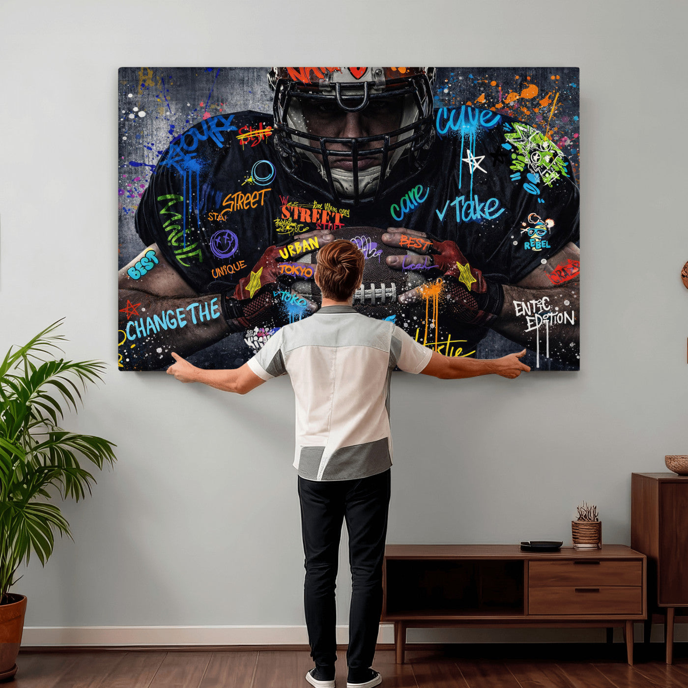 55267256-MGV-CV-36X24 - Graffiti American Football Player Street Art Wall Art Canvas Print, Urban Sports Pop Art Football Canvas Print, Modern Athletic Graffiti Contemporary Art Printing