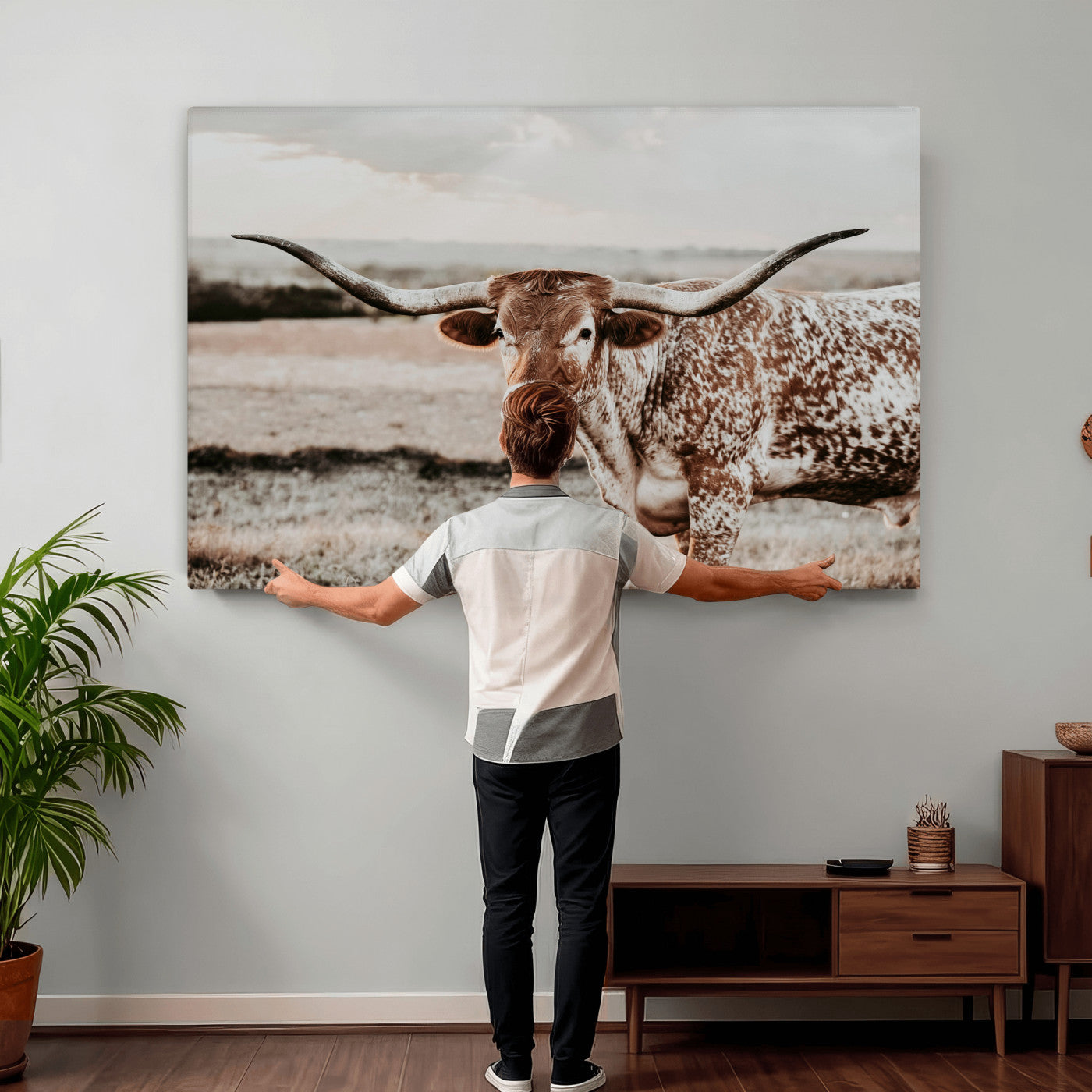 73897046-MGV-CV-36X24 - Texas Longhorn Bull Rustic Wall Art Canvas Print, Western Cattle Photography Canvas Print, Ranch Farm Animal Western Art Printing