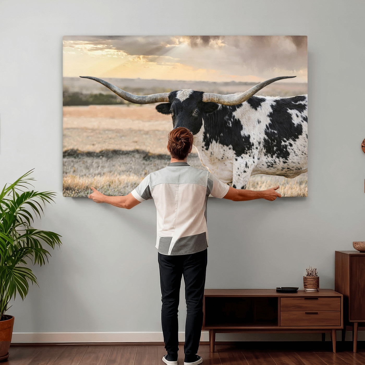 49350433-MGV-CV-36X24 - Texas Longhorn Bull Rustic Wall Art Canvas Print, Western Cattle Photography Canvas Print, Ranch Farm Animal Western Art Printing