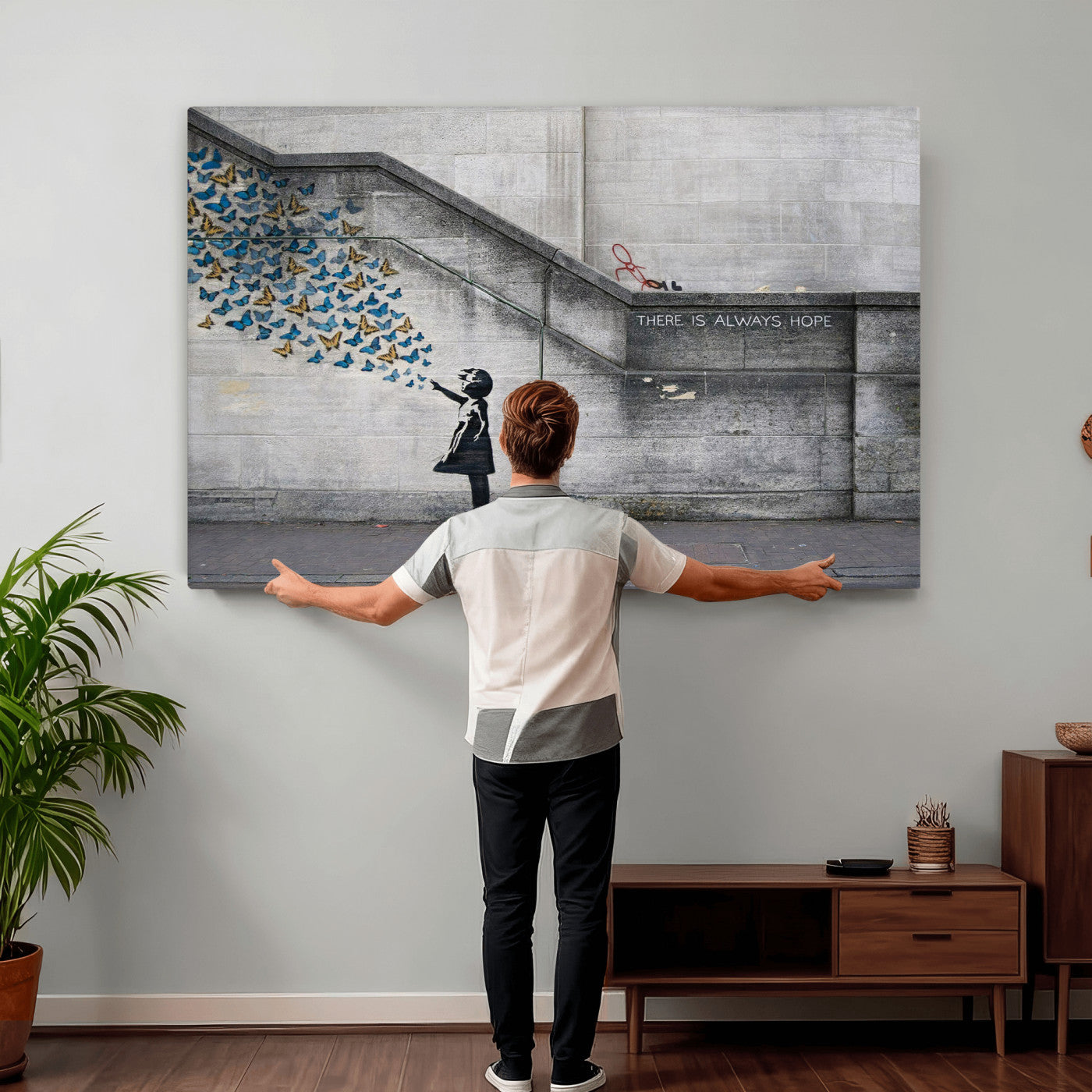 15274223-MGV-CV-36X24 - Banksy Girl with Butterflies Street Art Wall Art Canvas Print, Hope Graffiti Urban Art Canvas Print, Minimalist Inspirational Street Art Contemporary Art Printing