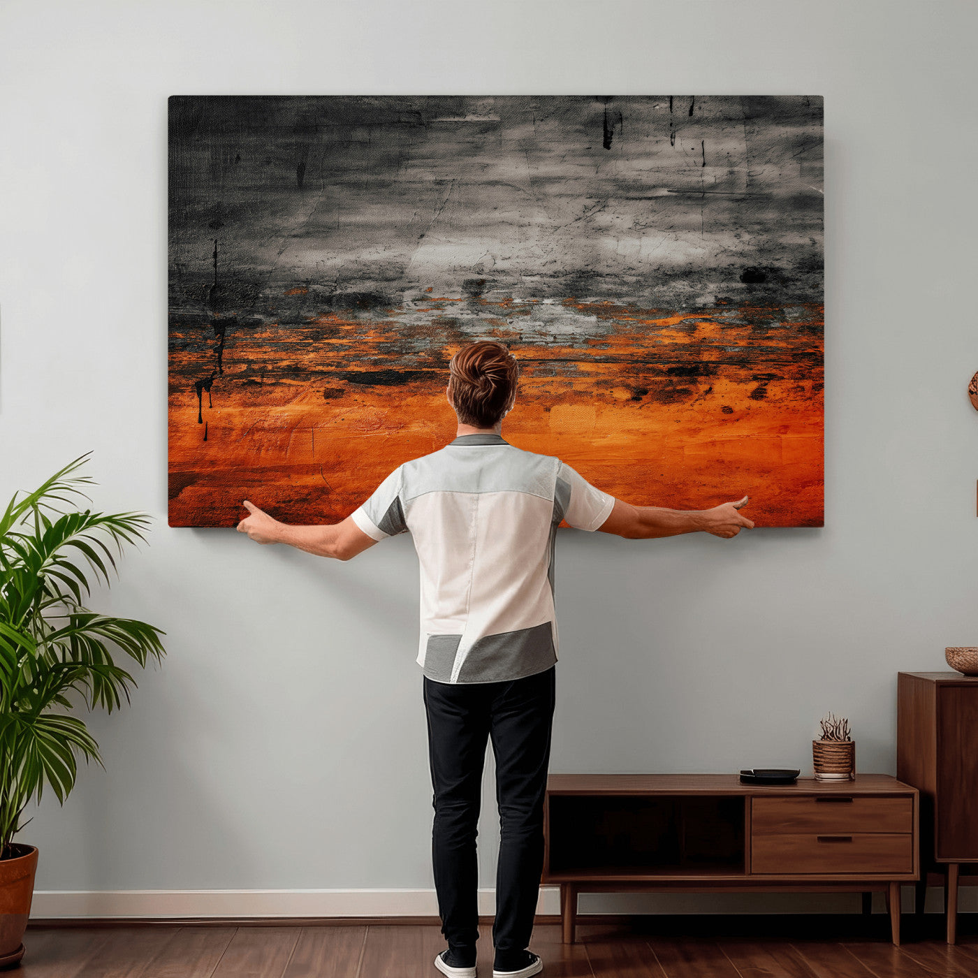 75409282-MGV-CV-36X24 - Black Orange Abstract Wall Art Canvas Print Modern Textured Painting Decor