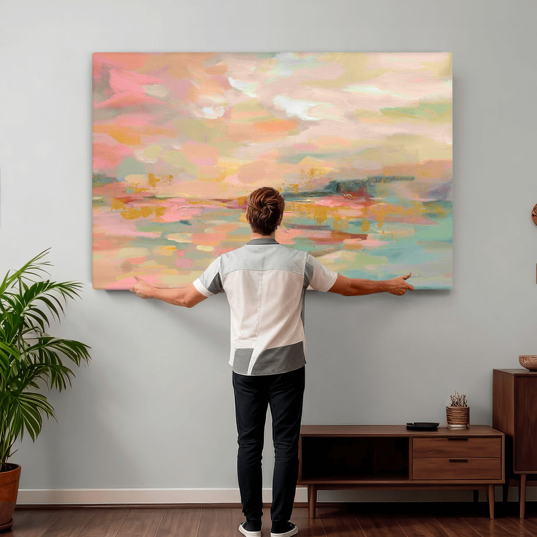 Abstract Pastel Landscape Wall Art Canvas Print | Soft Pink Teal Modern Art