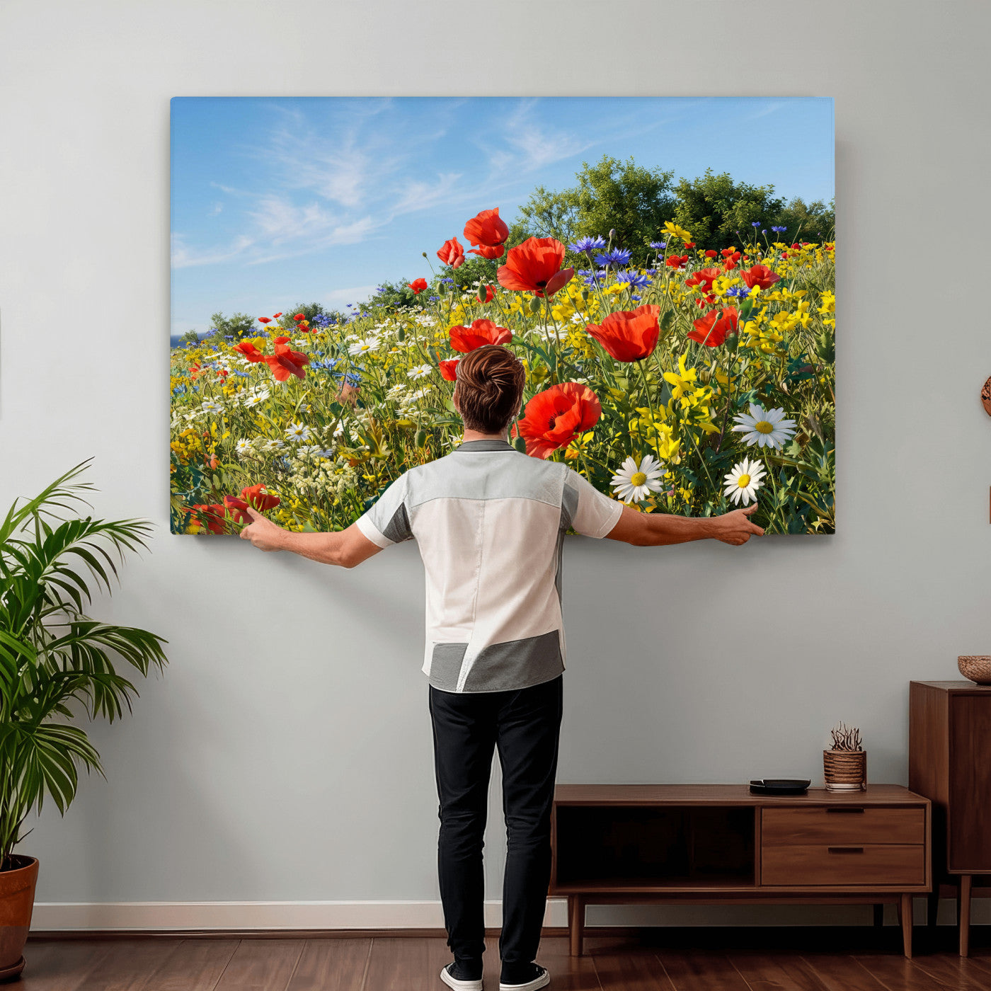 38570784-MGV-CV-36X24 - Wildflower Meadow Wall Art Canvas Print – Colorful Poppy and Daisy Field Landscape Artwork for Living Room Decor