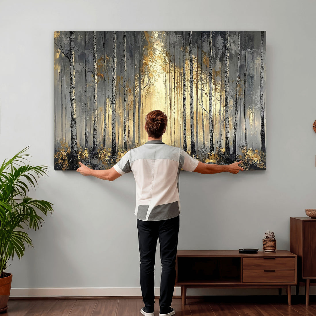 Abstract Birch Forest Wall Art Canvas Print | Modern Gold Gray Woodland Landscape