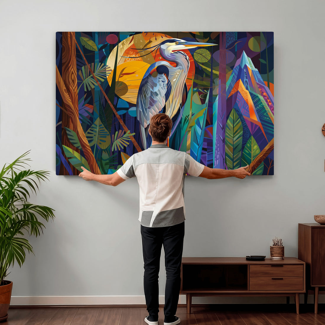 Colorful Heron Wall Art Canvas Print Tropical Bird Abstract