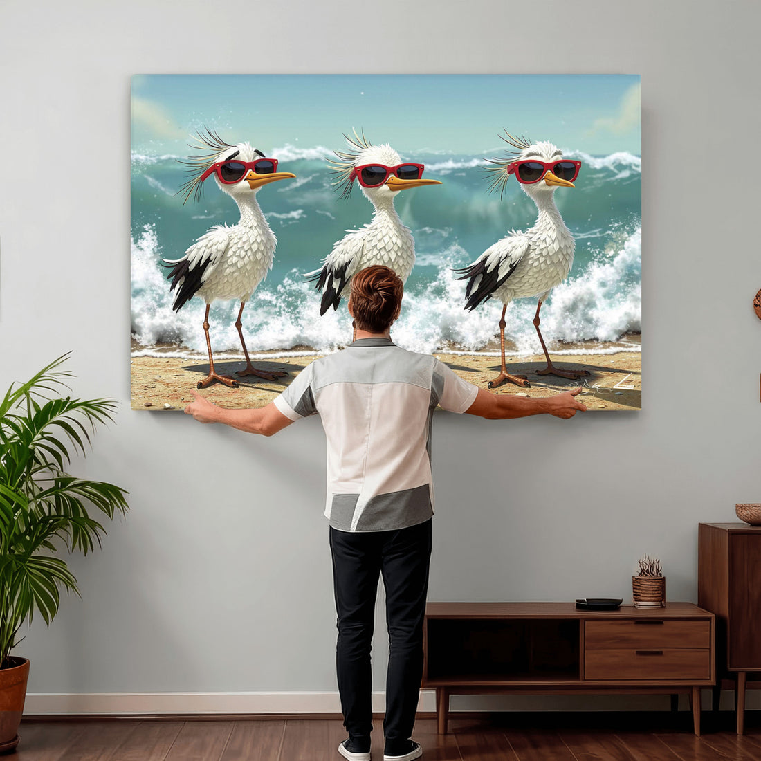 Funny Seagull Wall Art Canvas Print, Beach Birds With Sunglasses