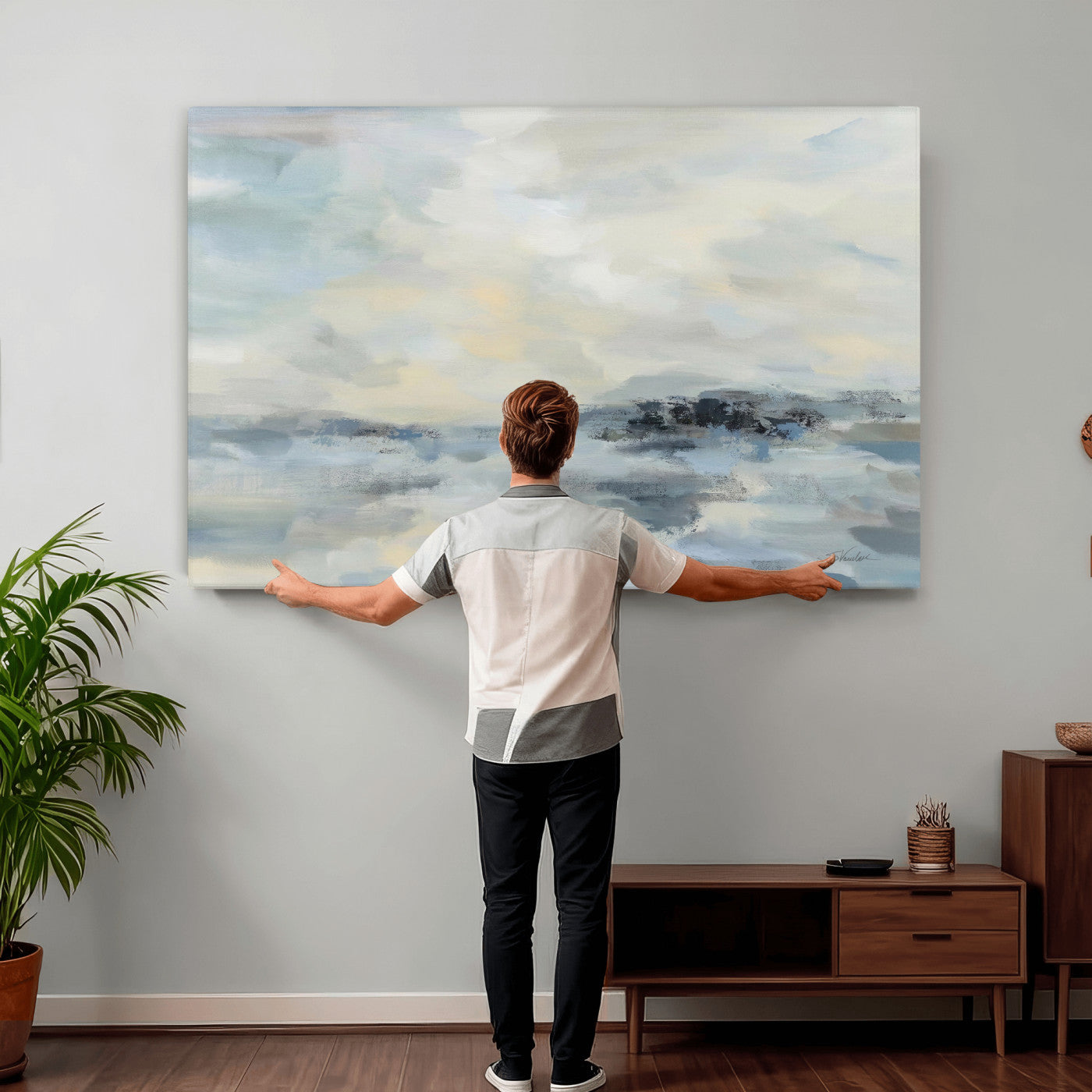 24647355-MGV-CV-36X24 - Abstract Coastal Landscape Wall Art Canvas Print – Soft Blue Gray Minimalist Painting