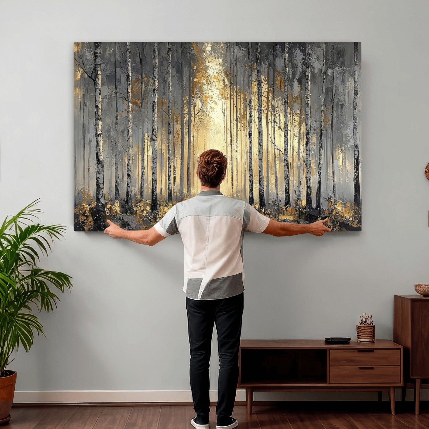 41017042-MGV-CV-36X24 - Abstract Birch Forest Wall Art Canvas Print – Modern Neutral Woodland Landscape Artwork for Living Room Decor