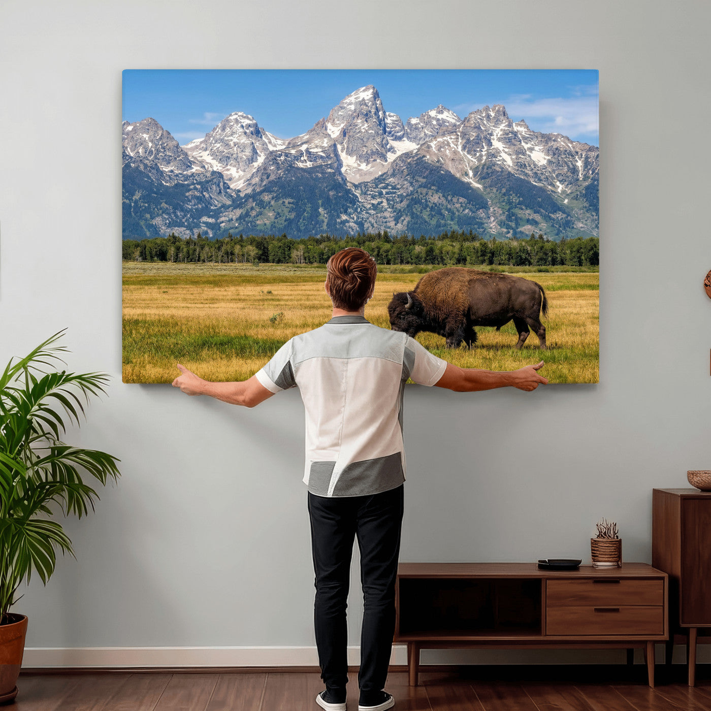20424529-MGV-CV-36X24 - Bison in Mountain Landscape Wall Art Canvas Print – Western Wildlife Artwork for Rustic Living Room Decor