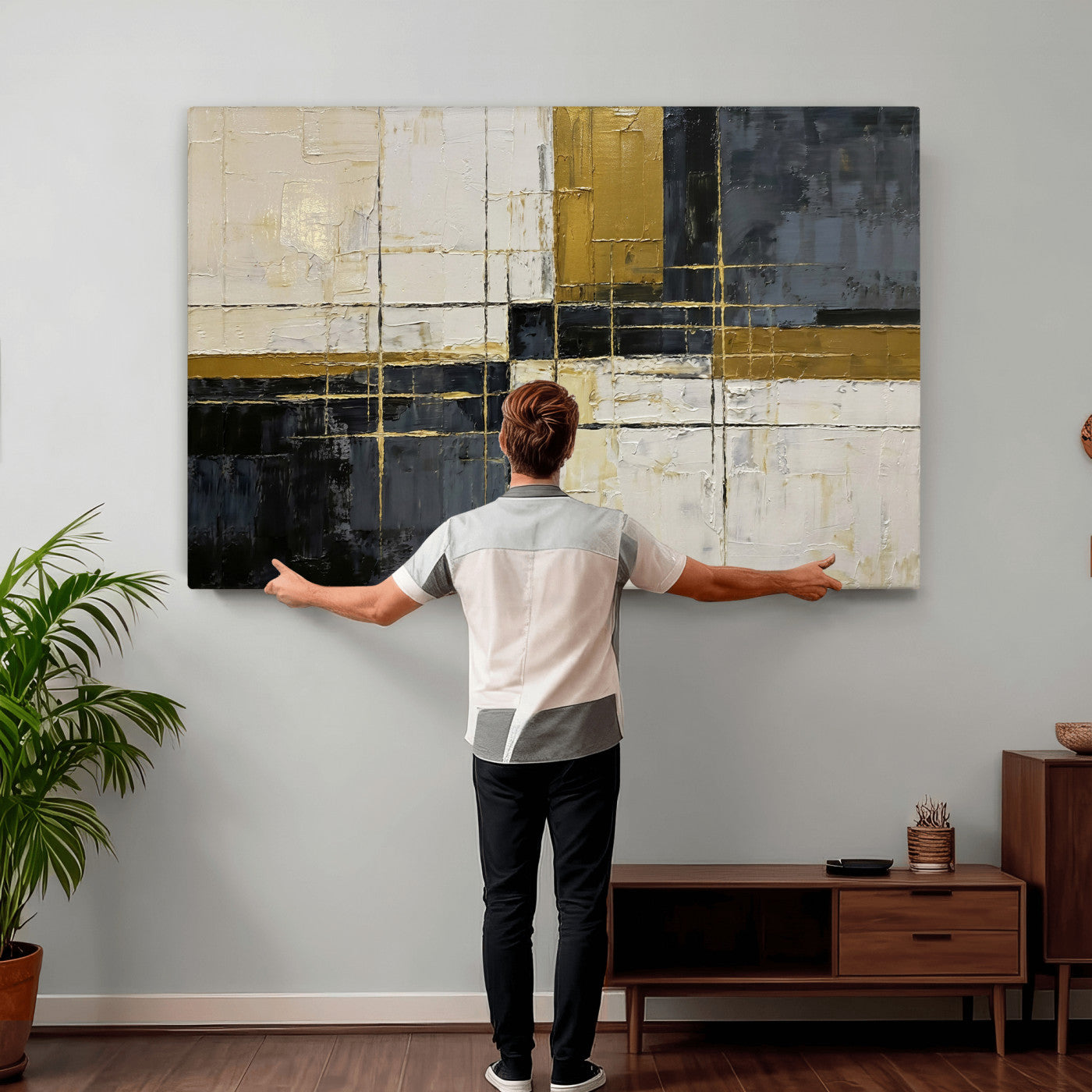 36097945-MGV-CV-36X24 - Abstract Gold and Black Wall Art Canvas Print – Modern Geometric Neutral Artwork for Living Room Decor