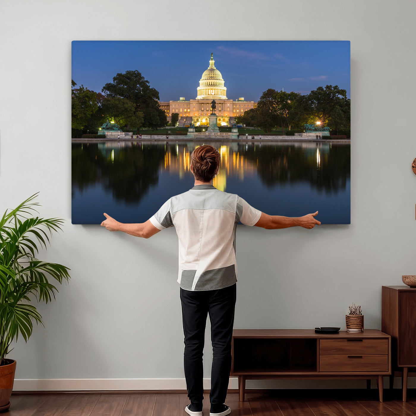 95568590-MGV-CV-36X24 - US Capitol Building Wall Art Canvas Print – Washington DC Landmark Night Reflection Artwork for Office Decor