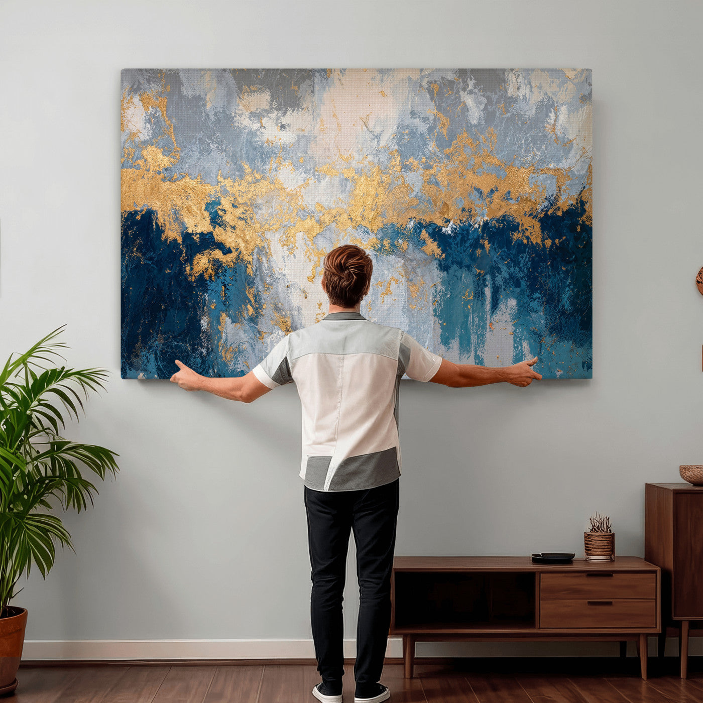 65386119-MGV-CV-36X24 - Blue Gold Abstract Large Framed Canvas Wall Art, Modern Luxury Painting Print in Horizontal Oversized Minimal Wall Decor Artwork