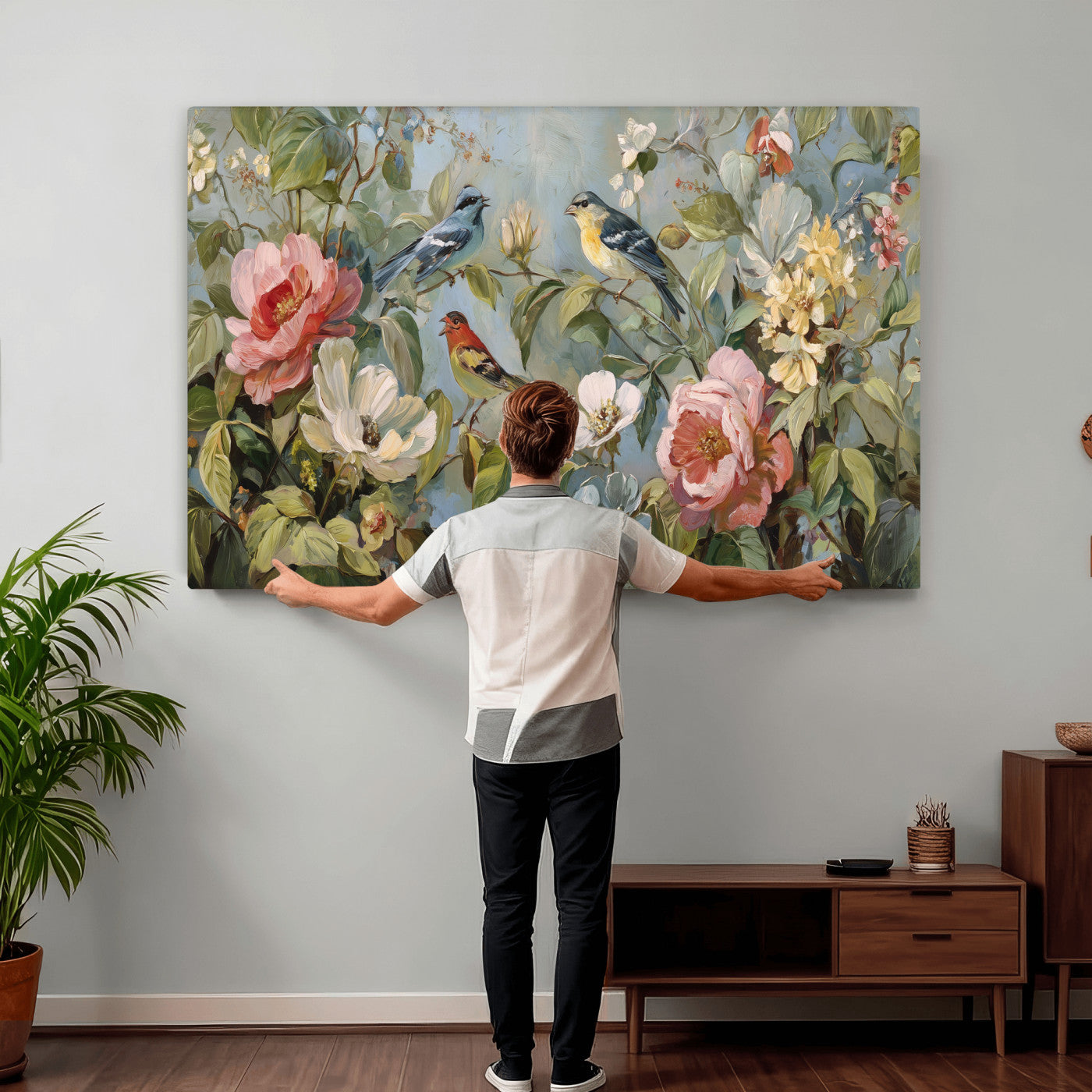 55440837-MGV-CV-36X24 - Vintage Birds and Flowers Wall Art Canvas Print, Botanical Bird Painting Canvas Print, Floral Garden Bird Artwork Canvas Print, Classic Bird Flower Painting Canvas Print