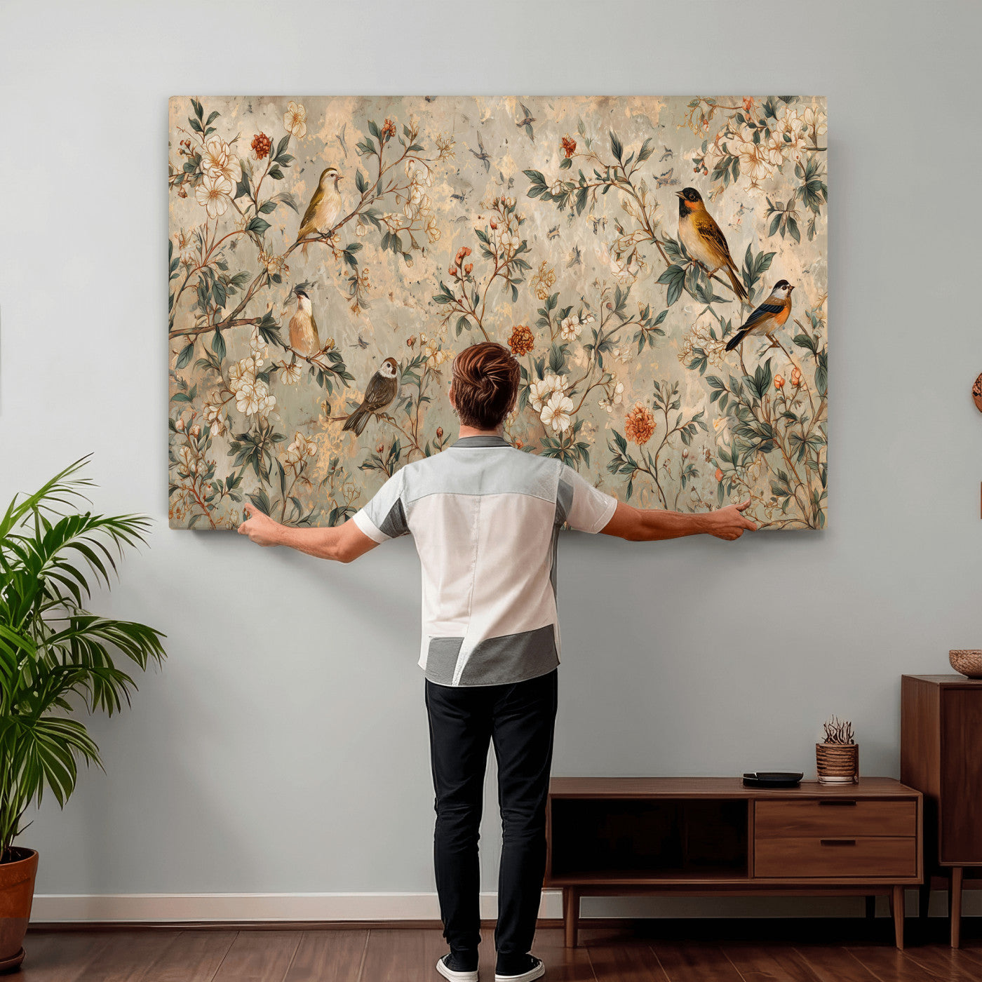 76588438-MGV-CV-36X24 - Vintage Birds and Flowers Wall Art Canvas Print, Botanical Bird Painting Canvas Print, Floral Garden Bird Artwork Canvas Print, Classic Bird Flower Painting Canvas Print