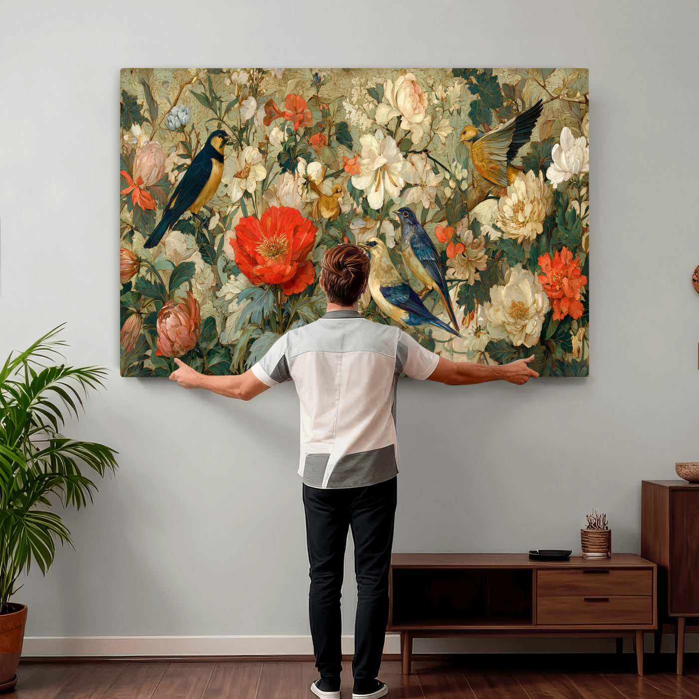 52904757-MGV-CV-36X24 - Vintage Birds and Flowers Wall Art Canvas Print, Botanical Bird Painting Canvas Print, Floral Garden Bird Artwork Canvas Print, Classic Bird Flower Painting Canvas Print