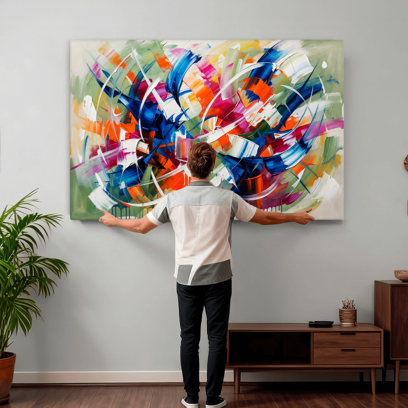 15032888-MGV-CV-36X24 - Geometric Abstract Wall Art Canvas Print, Orange Blue Abstract Expressionist Painting Print, Modern Geometric Abstract Canvas Art