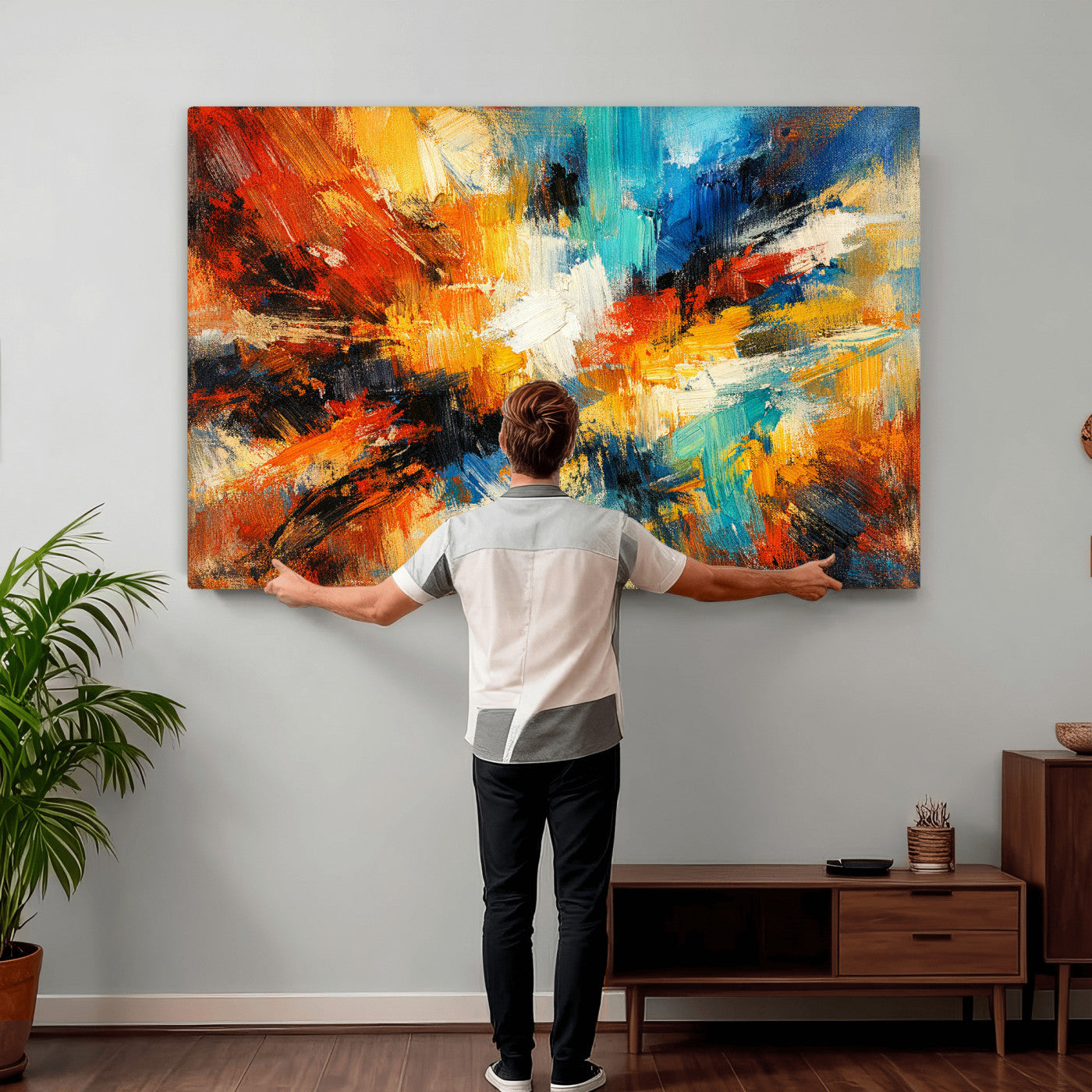 93167583-MGV-CV-36X24 - Geometric Abstract Wall Art Canvas Print, Orange Blue Abstract Expressionist Painting Print, Modern Geometric Abstract Canvas Art