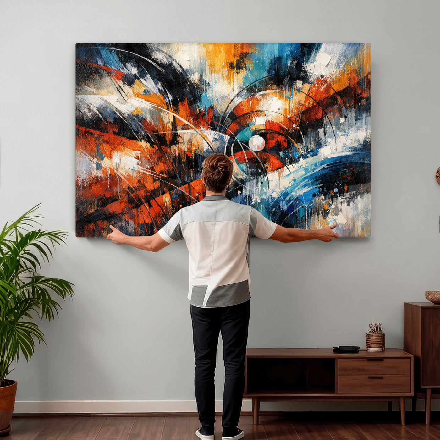 47120691-MGV-CV-36X24 - Geometric Abstract Wall Art Canvas Print, Orange Blue Abstract Expressionist Painting Print, Modern Geometric Abstract Canvas Art