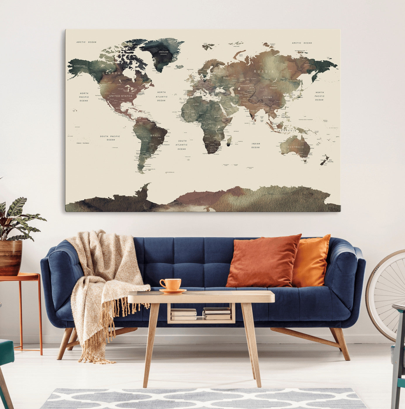 23199-MGV-CV-36X24-Neutral Watercolor World Map Canvas Wall Art – Framed Earth Tone Map Print, Minimalist Travel Artwork for Modern Home and Office Decor
