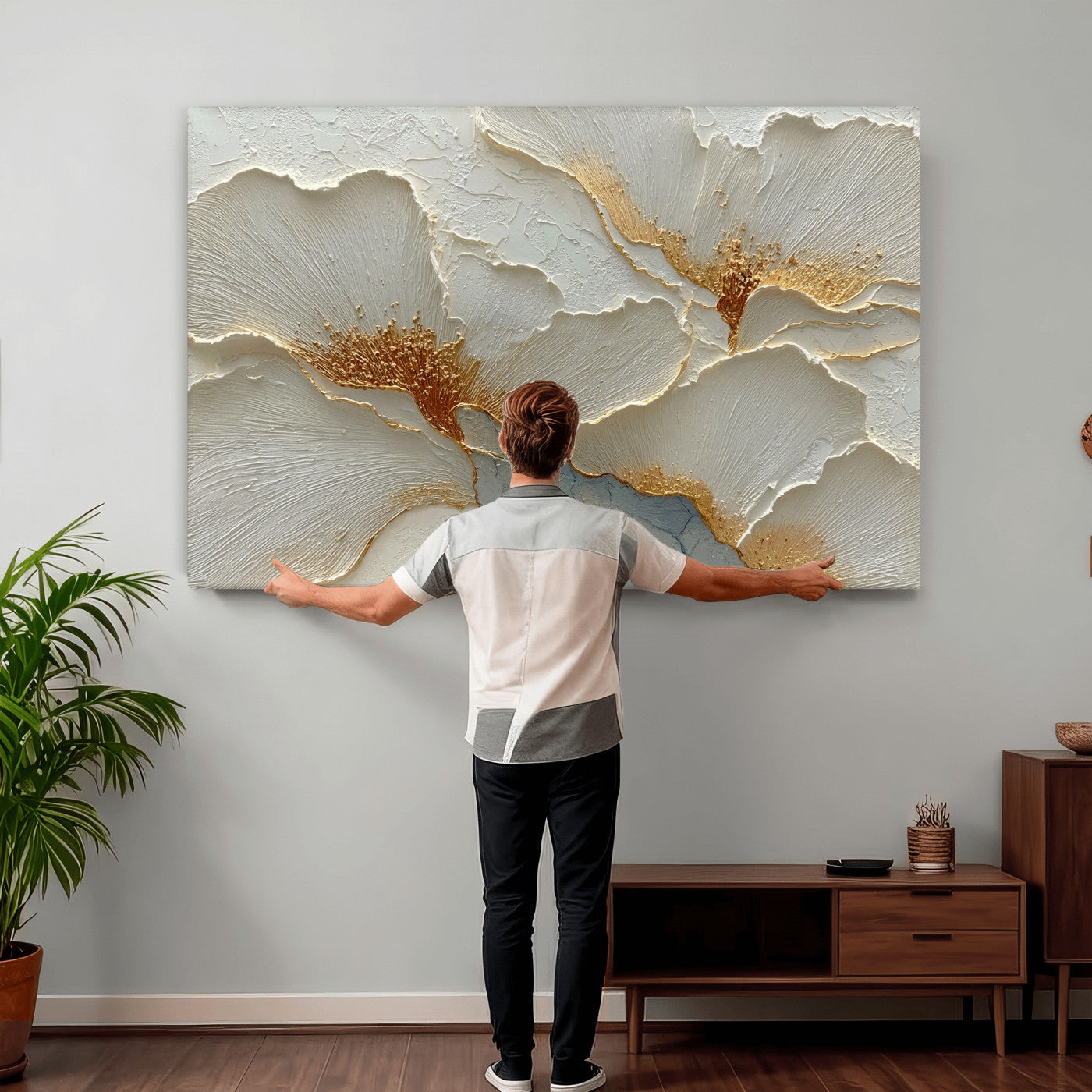 4712069F1-MGV-CV-36X24 - White Gold Floral Canvas Wall Art — Textured Flower Print | Luxury Botanical Decor | Elegant Bedroom Art | Gold Leaf Wall Art Gift