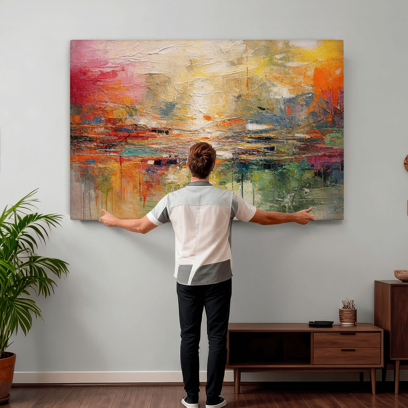 4712069P1-MGV-CV-36X24 - Colorful Abstract Canvas Wall Art — Large Textured Oil Painting Style Print | Orange Red Boho Wall Decor | Modern Living Room Art | Bold Wall Art