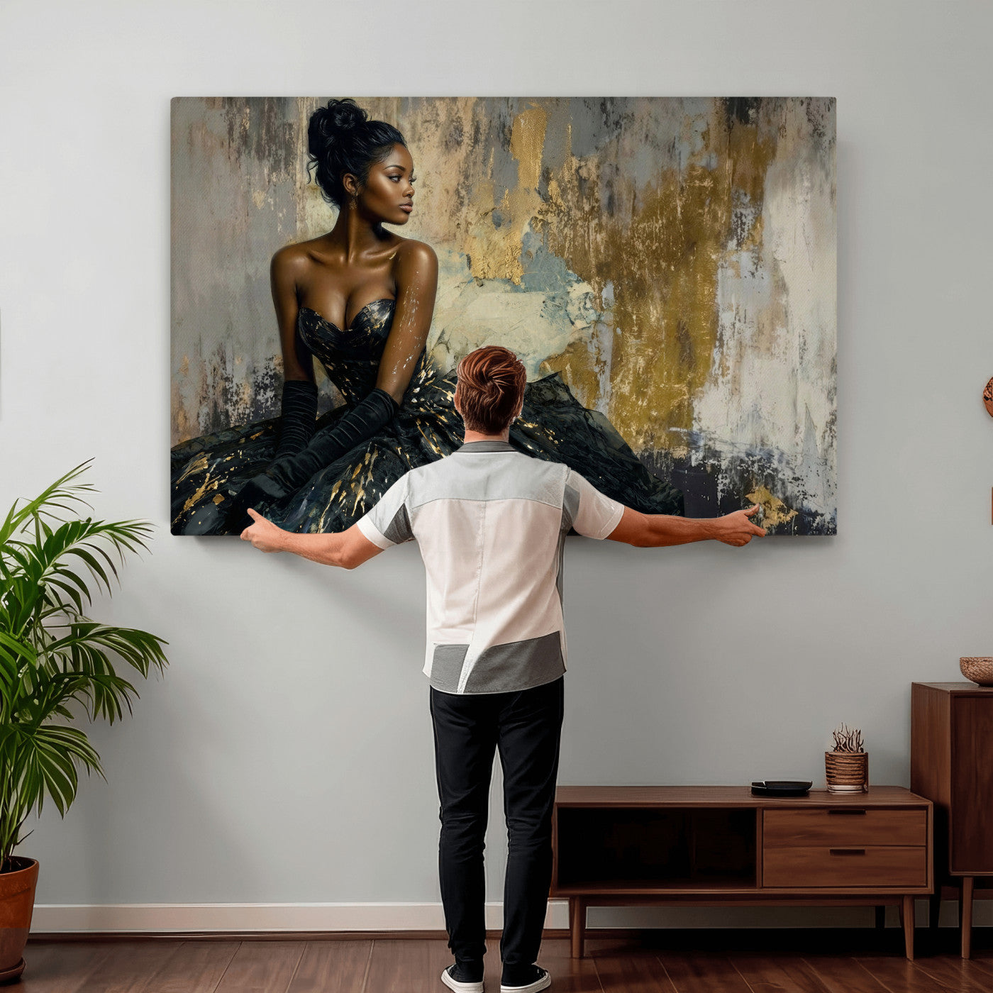 4712069Z1-MGV-CV-36X24 - Elegant Woman Canvas Wall Art — Black Gold Gown Fashion Print | Luxury Glam Wall Decor | African American Art | Bold Bedroom Wall Art Gift