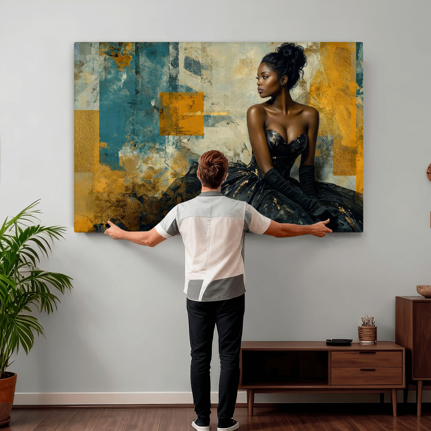 4712069Z21-MGV-CV-36X24 - Elegant Woman Canvas Wall Art — Black Gold Gown Fashion Print | Luxury Glam Wall Decor | African American Art | Bold Bedroom Wall Art Gift
