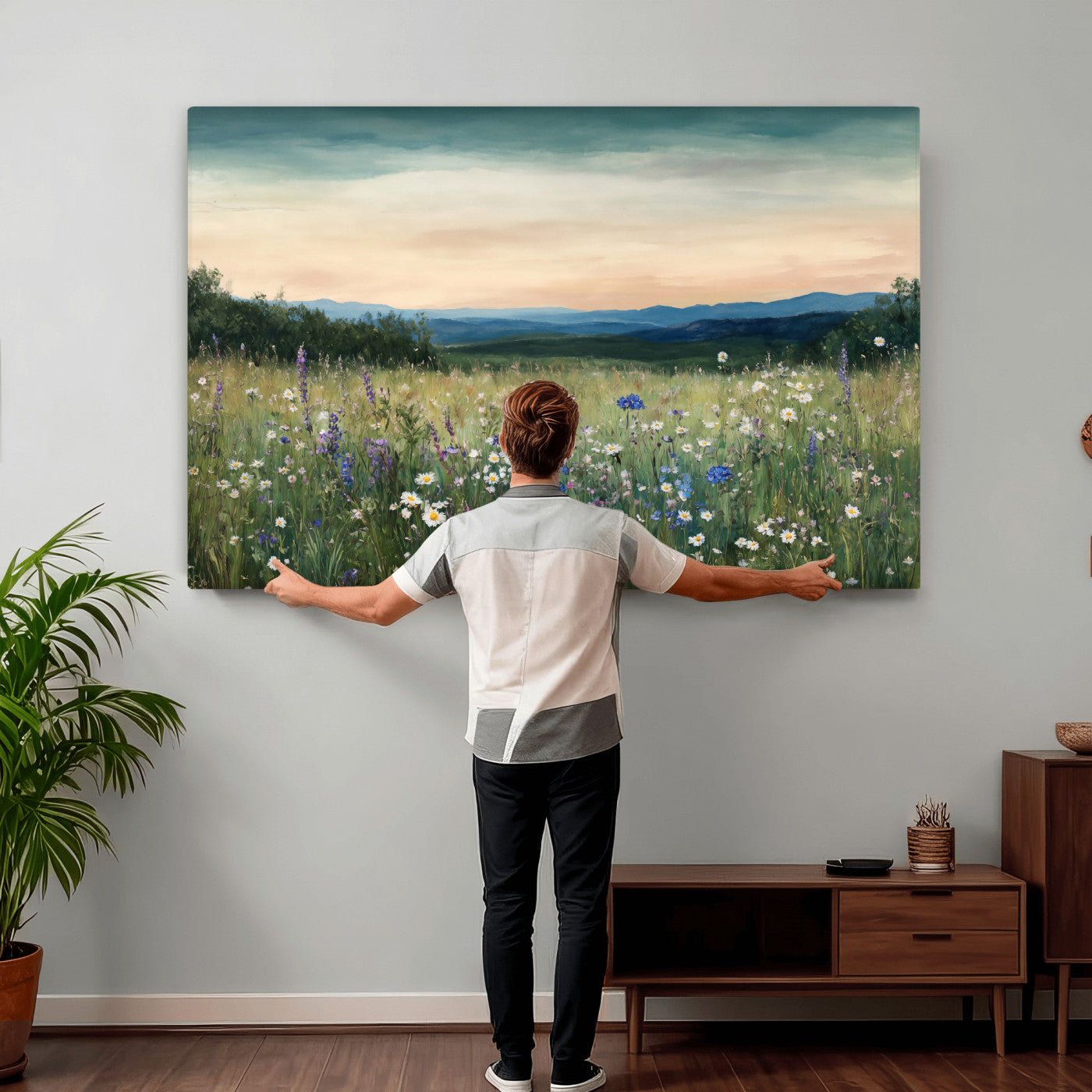 35773805-MGV-CV-36X24 - Wildflower Meadow Oil Painting Canvas Print - Daisy Lavender Mountain Sunset Print | Cottagecore Floral Wall Art - Bedroom Decor Gift for Her