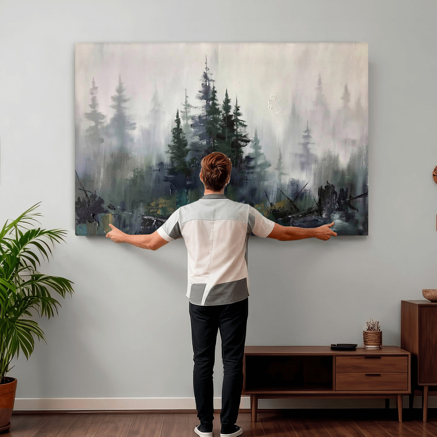 94143325-MGV-CV-36X24 - Misty Pine Forest Oil Painting Canvas — Dark Moody Teal Grey Tree Print | Japandi Scandinavian Wall Art | Minimalist Nature Decor Gift