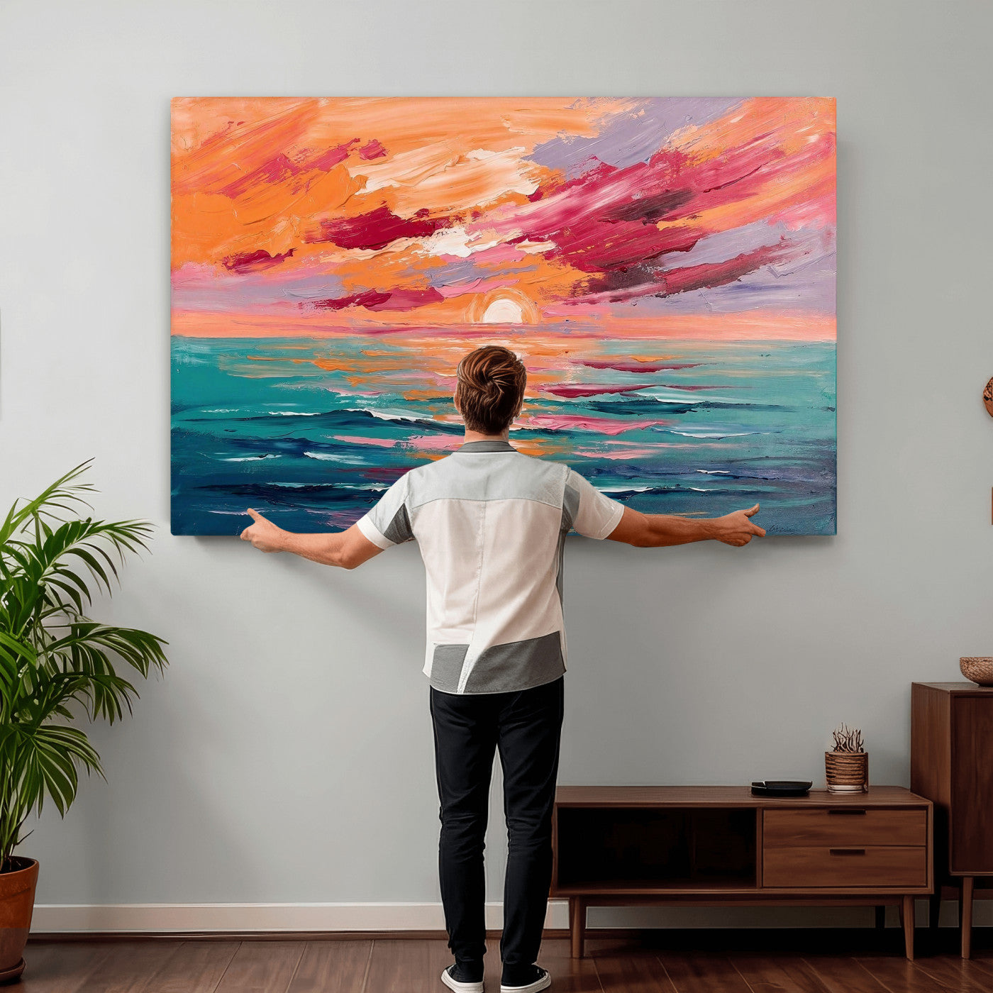 26763902-MGV-CV-36X24 - Bold Palette Knife Ocean Sunset Canvas — Orange Pink Teal Expressionist Sea Print | Colorful Coastal Wall Art | Vibrant Beach Decor Gift