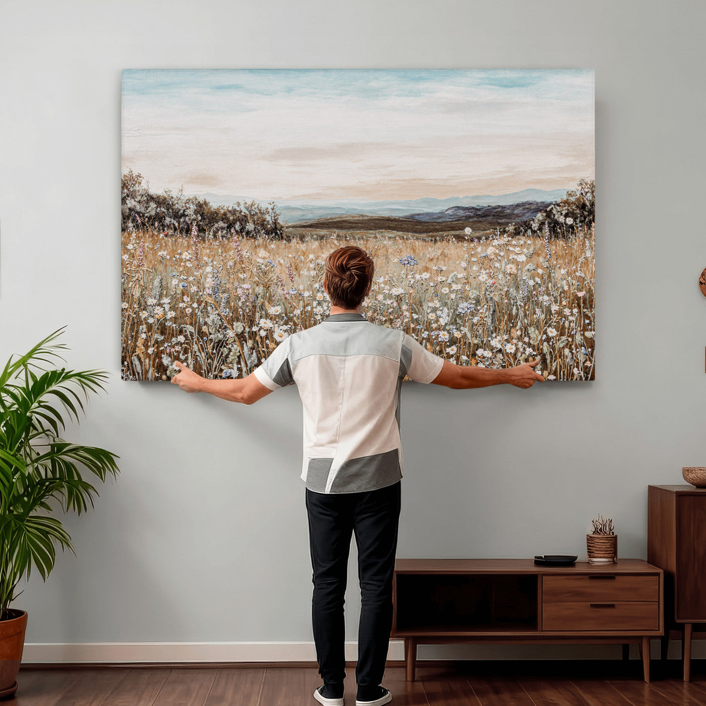 F35773805-MGV-CV-36X24 - Neutral Wildflower Field Canvas Wall Art — Beige Earth Tone Botanical Meadow Print | Farmhouse Boho Decor | Bedroom Living Room Gift Her