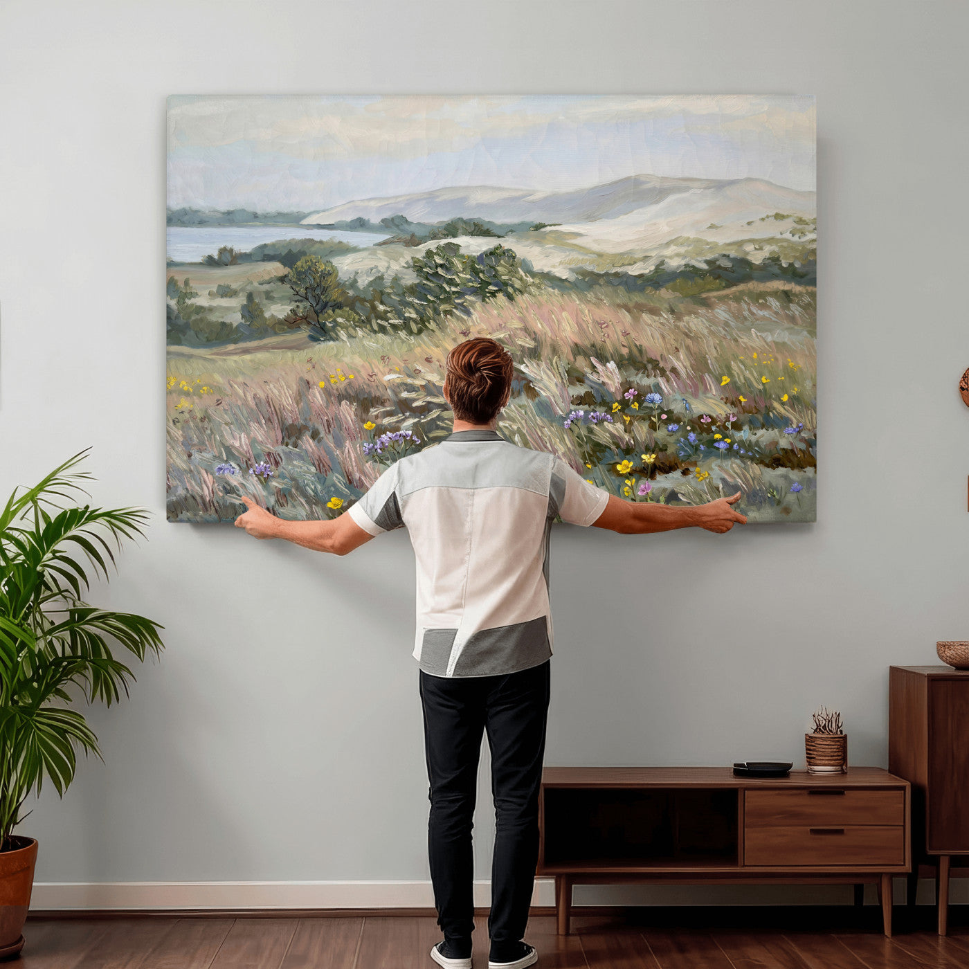 18013232-MGV-CV-36X24 - Katie Staples Hillside Canvas Wall Art — Coastal Wildflower Dune Oil Painting Print | Muted Green Nature Decor | Plein Air Landscape Gift