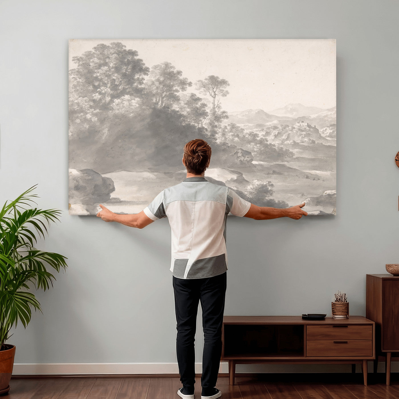 33041209-MGV-CV-36X24 - Van Poelenburch Landscape Canvas Wall Art — Dutch Golden Age Gray Wash Drawing Print | Baroque Italianate Nature Decor | Old Master Classic Gift