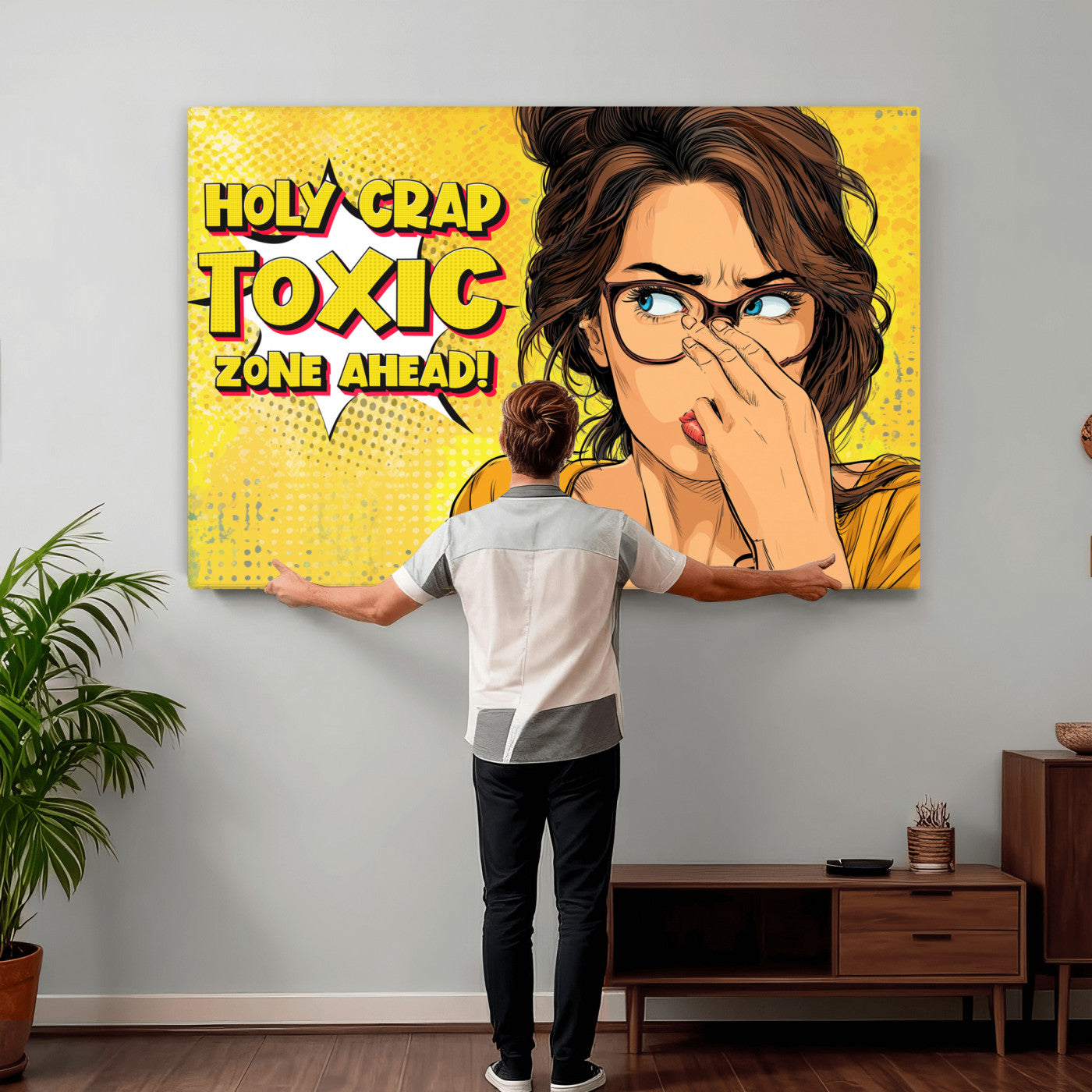 96263876-MGV-CV-36X24 - Pop Art Print Bathroom Sign Wall Art Canvas Print — Funny Bathroom Canvas | Comic Style Toilet Wall Decor | Humor Gift | Yellow Bold Bathroom Art