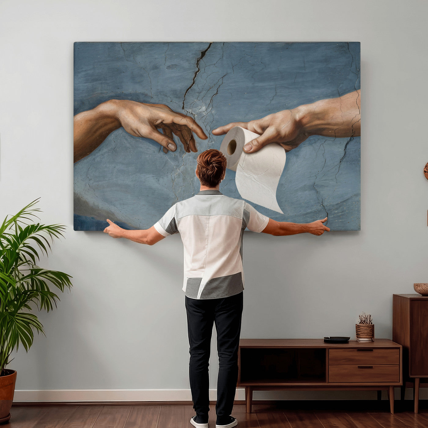 42648143-MGV-CV-36X24 - Funny Bathroom Canvas Wall Art, Michelangelo Creation of Adam Toilet Paper Parody, Renaissance Humor Print, Quirky Housewarming Gift, Toilet Room Decor