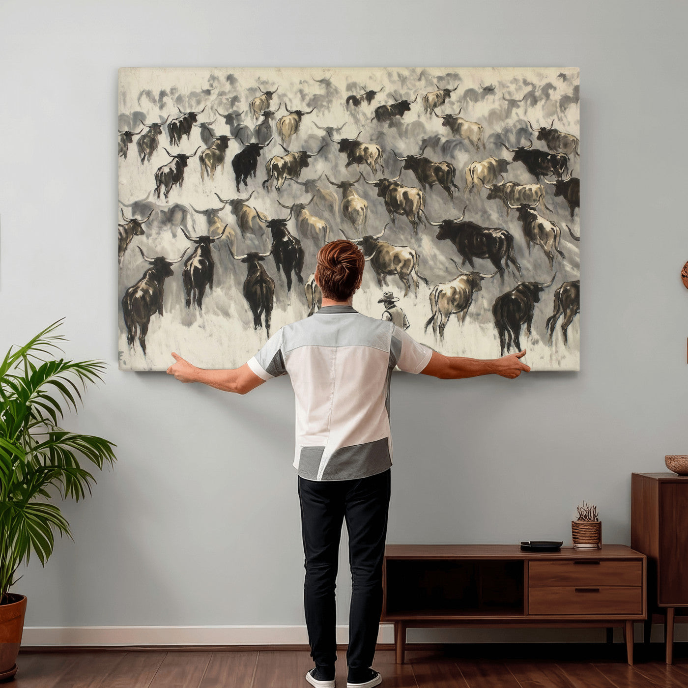 48049876-MGV-CV-36X24 - Cowboy Cattle Drive Canvas Wall Art, Western Longhorn Herd Ink Painting Print, Ranch Rodeo Decor, Black White Western Art, Large Living Room Art