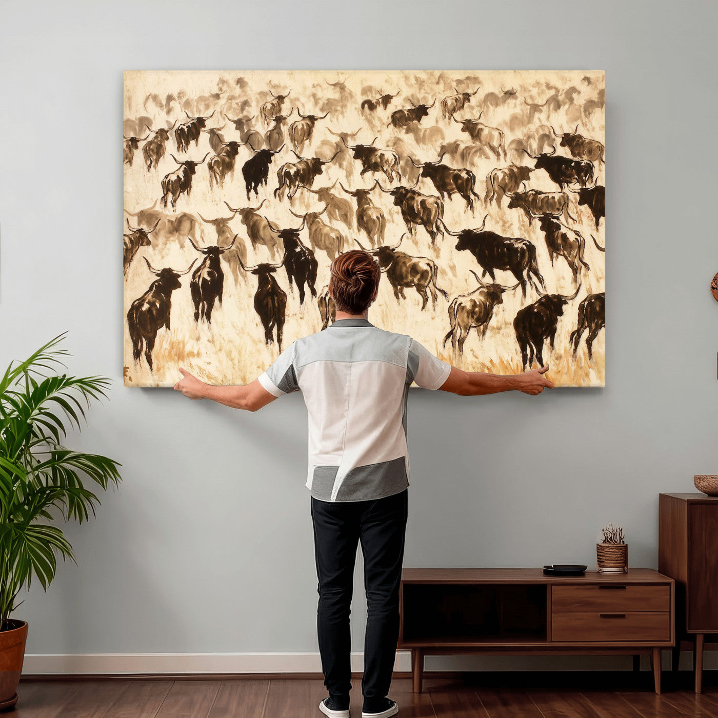 39077774-MGV-CV-36X24 - Texas Longhorn Sepia Canvas Wall Art, Western Cattle Stampede Painting Print, Warm Amber Ranch Decor, Rustic Cowboy Home Art, Large Living Room Decor