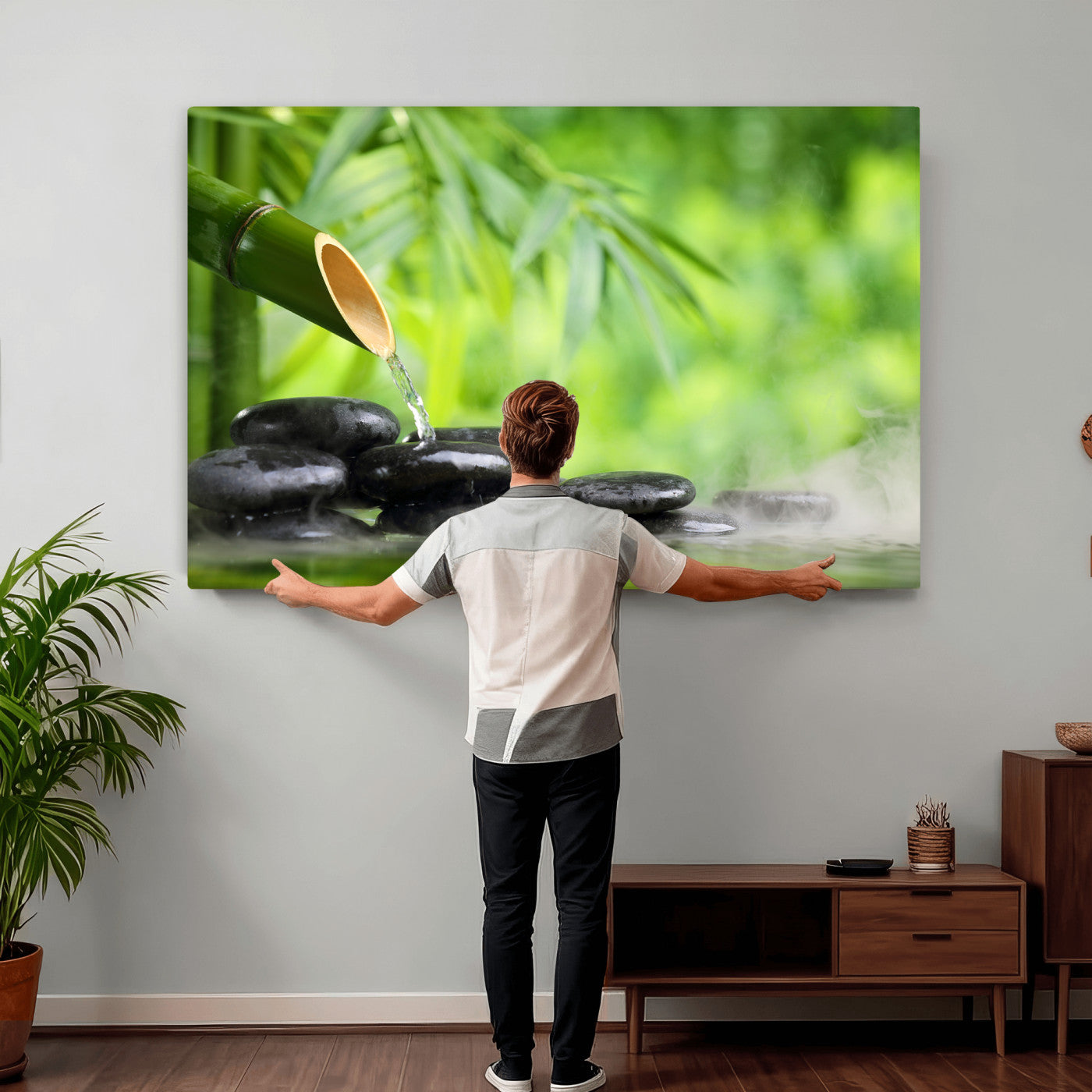 26961320-MGV-CV-36X24 - Bamboo Water Flow Black Stone Canvas | Zen Spa Nature Photography Print | Green Mist Japanese Garden Wall Art | Tranquil Decor