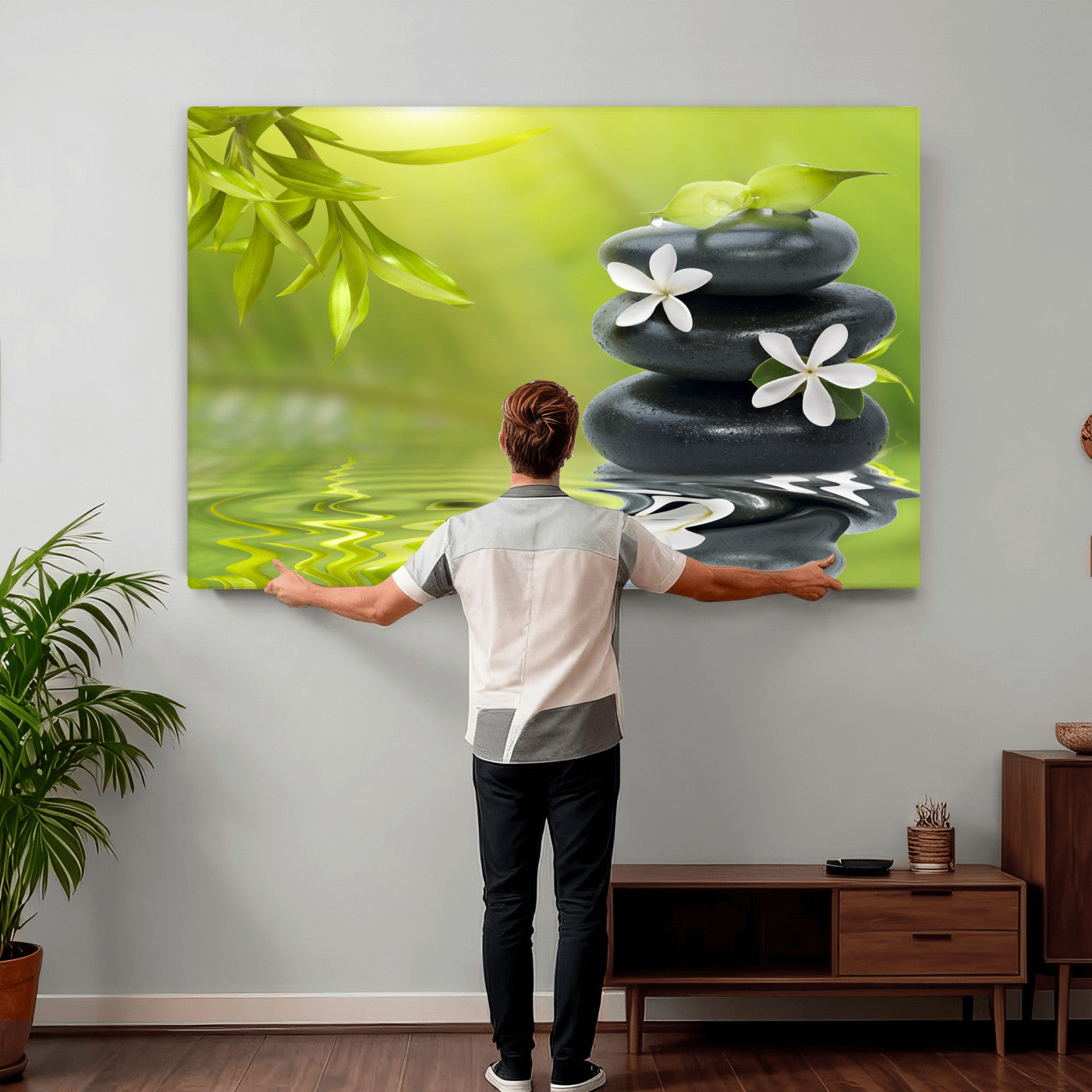 51106626-MGV-CV-36X24 - Plumeria Frangipani Black Stone Canvas | White Flower Spa Photography Print | Tropical Zen Wall Art | Grey Pebble Floral for Meditation Yoga Room Decor