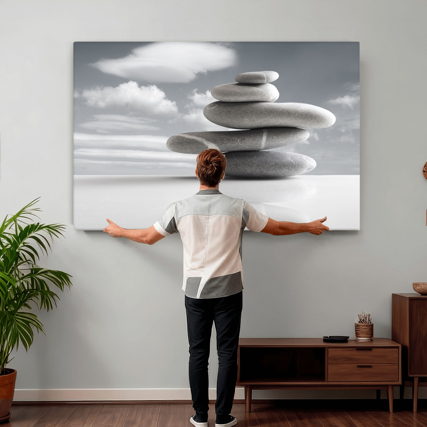 86426188-MGV-CV-36X24 - Zen Stone Wall Art Canvas Print, Balanced Rock Stack Framed Spa Artwork, Minimalist Meditation Decor for Living Room Bedroom Office Bathroom