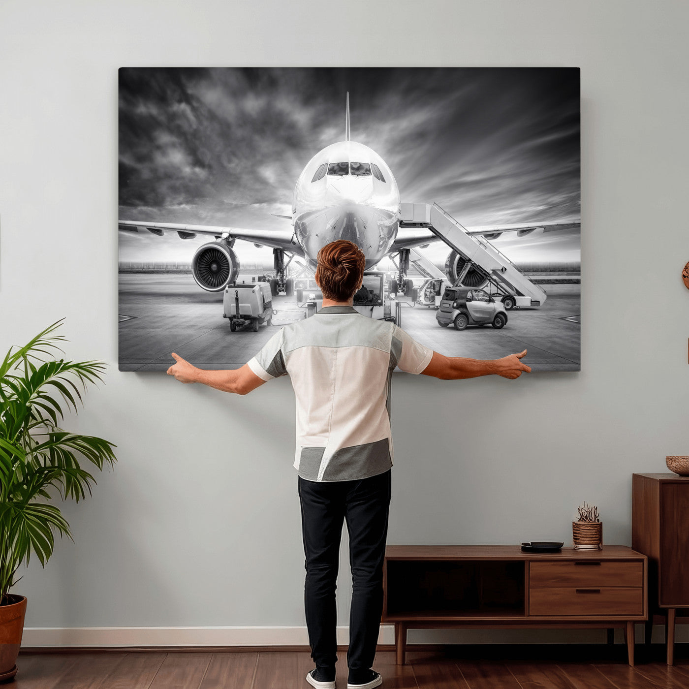 85885848-MGV-CV-36X24 - Airplane Wall Art Canvas Print, Black and White Jet Aircraft Airport Runway Framed Aviation Artwork for Pilot Office Hangar Travel Decor