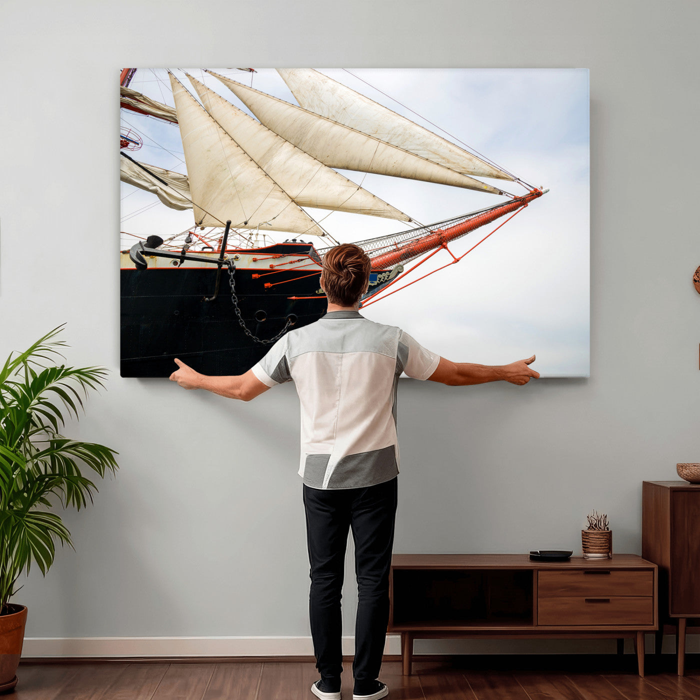 64830036-MGV-CV-36X24 - Sailboat Wall Art Canvas Print, Vintage Ship Bow Framed Artwork, Nautical Sailing Decor for Living Room Office Beach House