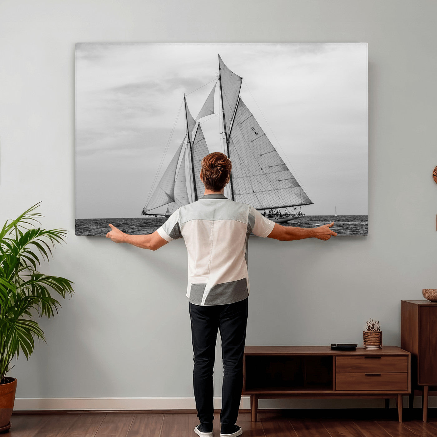 52882918-MGV-CV-36X24 - Vintage Sailboat Wall Art Canvas Print, Black and White Schooner Framed Artwork, Nautical Ocean Sailing Decor for Living Room Office Beach House