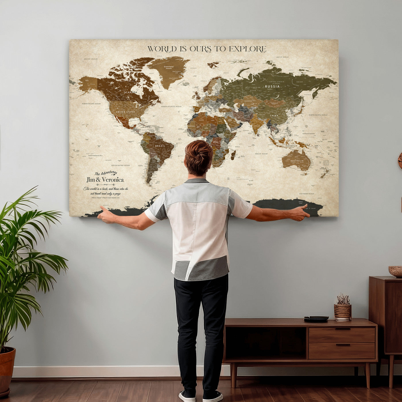 64110391126O-MGV-CV-36X24 - Custom Push Pin World Map Wall Art Canvas Print – Personalized Travel Tracker with Pins Framed Large for Home and Office Decor