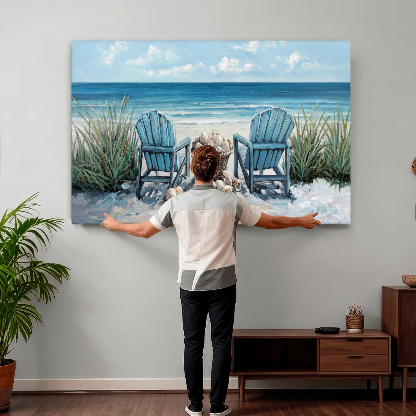 11973028-MGV-CV-36X24 - Beach Canvas Wall Art Coastal Adirondack Chairs Ocean Seashells Blue Nautical Framed Large for Living Room Bedroom Bathroom Decor