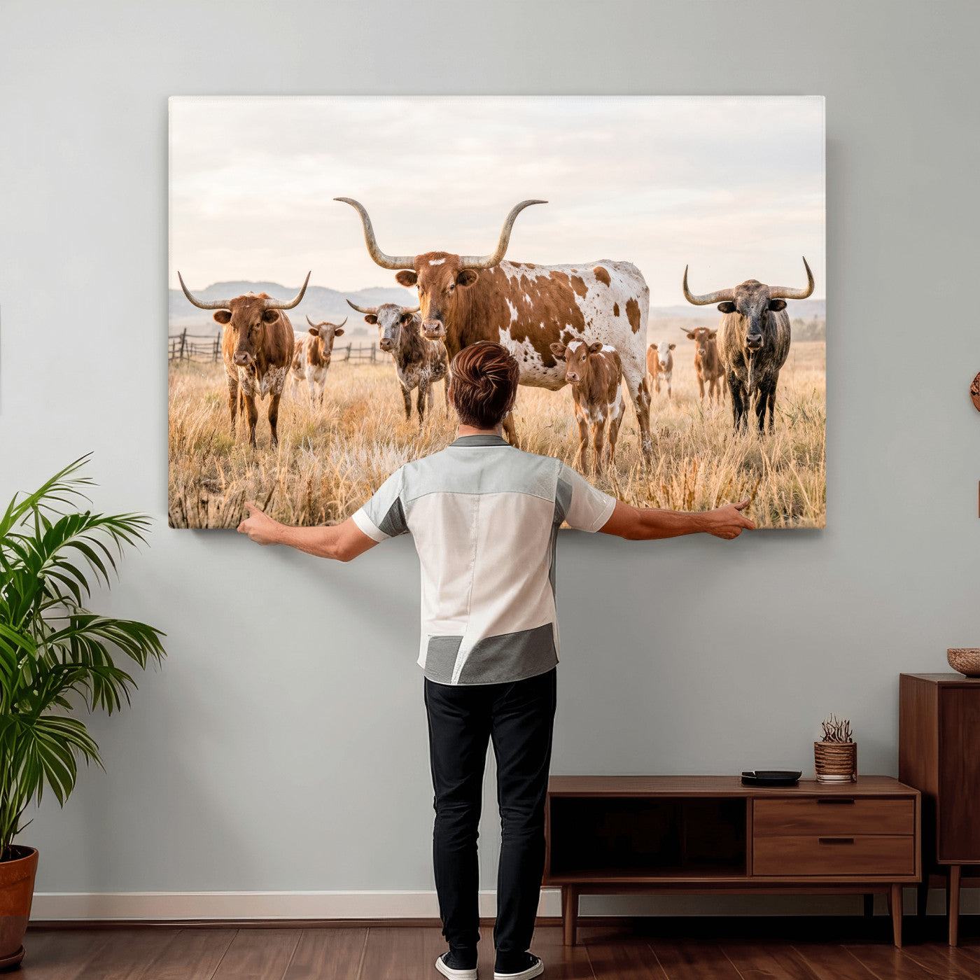 62336425AC-MGV-CV-36X24 - Texas Longhorn Canvas Wall Art, Rustic Farm Animal Photography Print, Farmhouse Country Decor, Western Ranch Art
